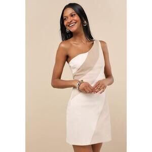 Lulus Tara Ivory Color Block One-shoulder Mini Dress White - Size S